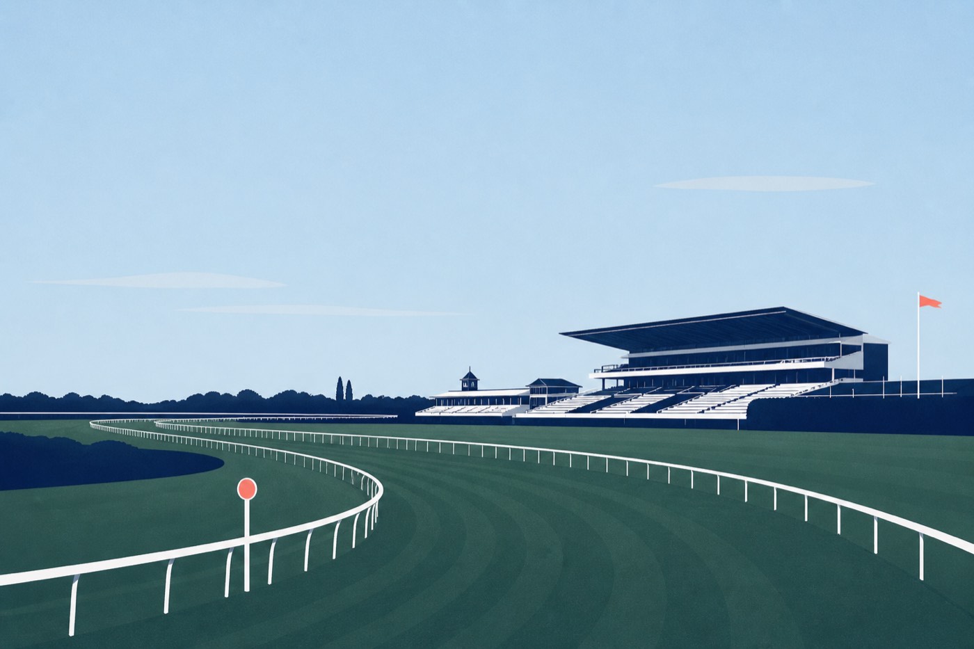 Illustration graphique d'un hippodrome et de sa tribune, évoquant les paris hippiques