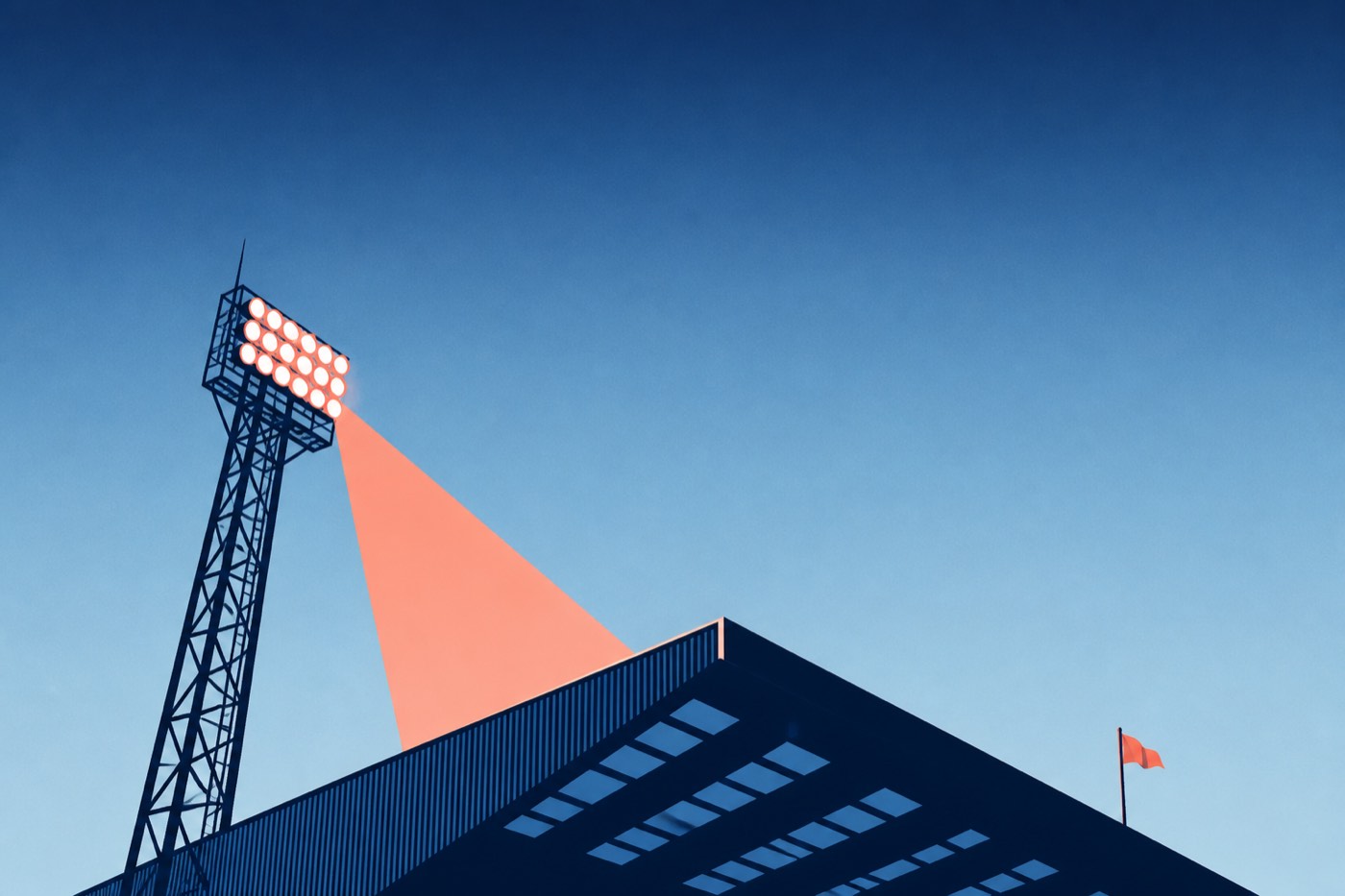 Illustration graphique d'un projecteur de stade et d'un toit de tribune au crépuscule